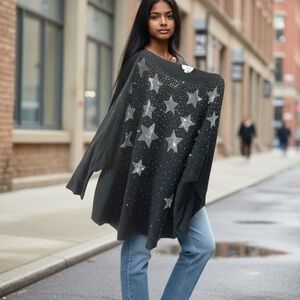 Siren Lily Black Star-Embellished Oversized Poncho Sweater